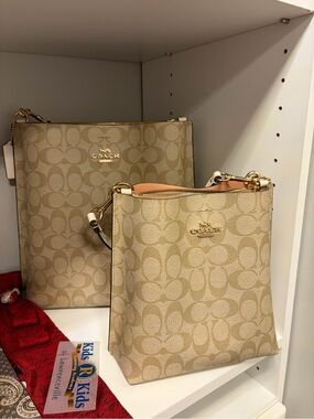 COACH Beige Signature Canvas Crossbody Bag with Gold Hardware